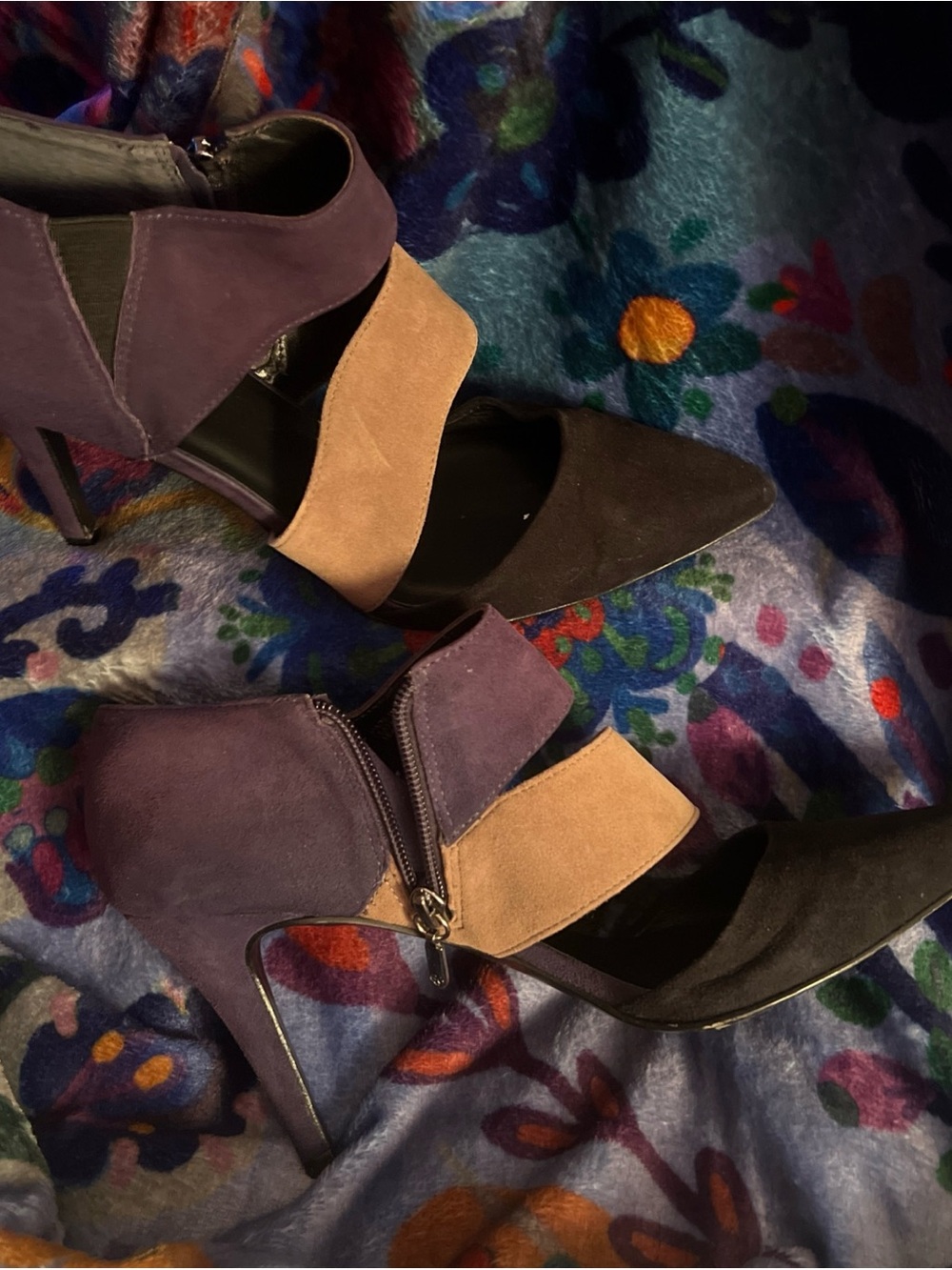 Trina Turk Suede Pointed-Toe Strappy High Heels - Purple & Tan Size 9.5